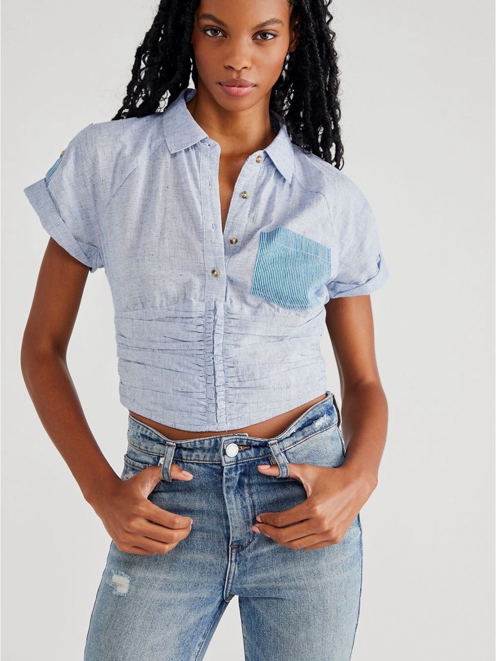Free People Bridgette top Light Blue Cropped Button-Up with Contrast Pocket